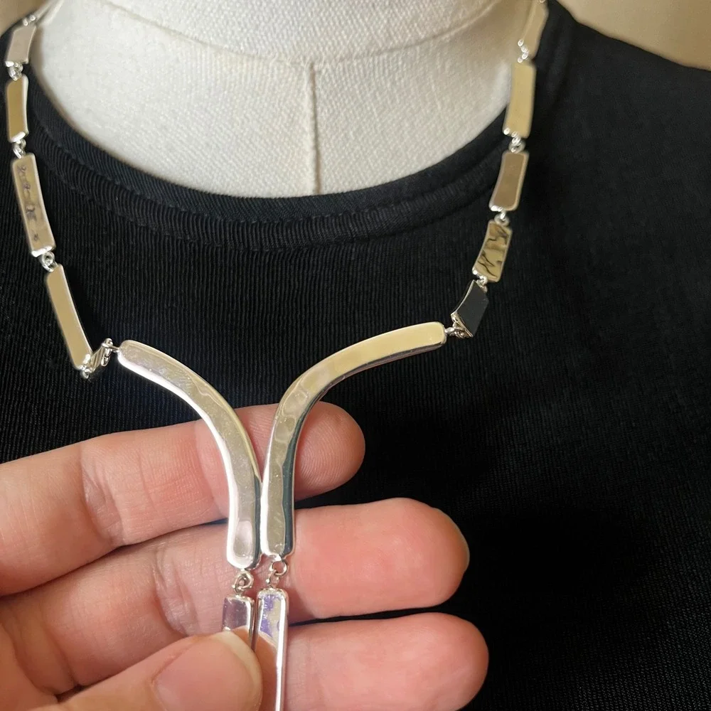 RLM Studio Hammered‎ Silver Tone Modernist Drop Necklace Statement Sculptural